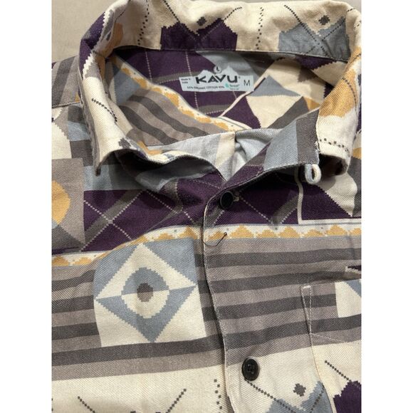 Kavu Men’s Medium Camp Collar Aztec Print Tencel Short Sleeve Button Up Shirt - Picture 3 of 7
